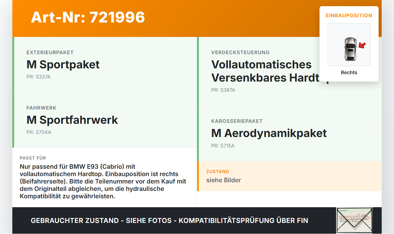BMW E93 330I 07-13 Cabrio Zylinder Hydraulikzylinder Hydraulik für Verdeck Rechts BMW E93 330I 07-13 27.06.2007... Vorschau 3
