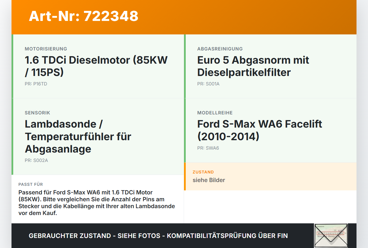 Ford S-Max WA6 10-14 TDCi 1,6 85KW Lambdasonde Temperaturfühler Ford S-Max WA6 10-14 12.04.2013 6G91-12B591-DA gebraucht Vorschau 3