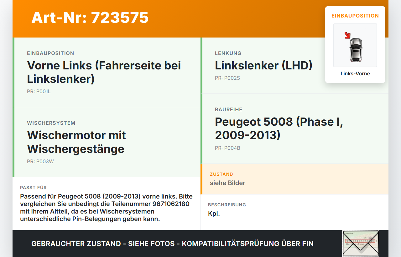 Peugeot 5008 09-13 Wischermotor m. Wischergestänge Vorne Links Peugeot 5008 09-13 29.01.2010 9671062180 3397021288... Vorschau 3