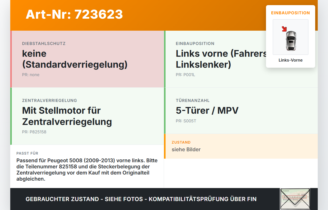 Peugeot 5008 09-13 Türschloss mit ZV Stellmotor Links Vorne Peugeot 5008 09-13 29.01.2010 825158 gebraucht Vorschau 3