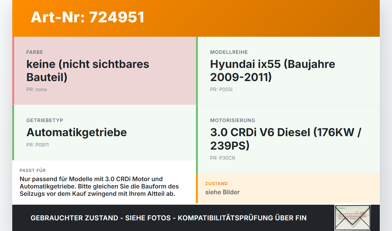 Hyundai IX55 09-11 CRDi 3,0 176KW Autom Schaltzug Schaltseilzug Schaltseil Hyundai IX55 09-11 06.08.2009 gebraucht Vorschau 3