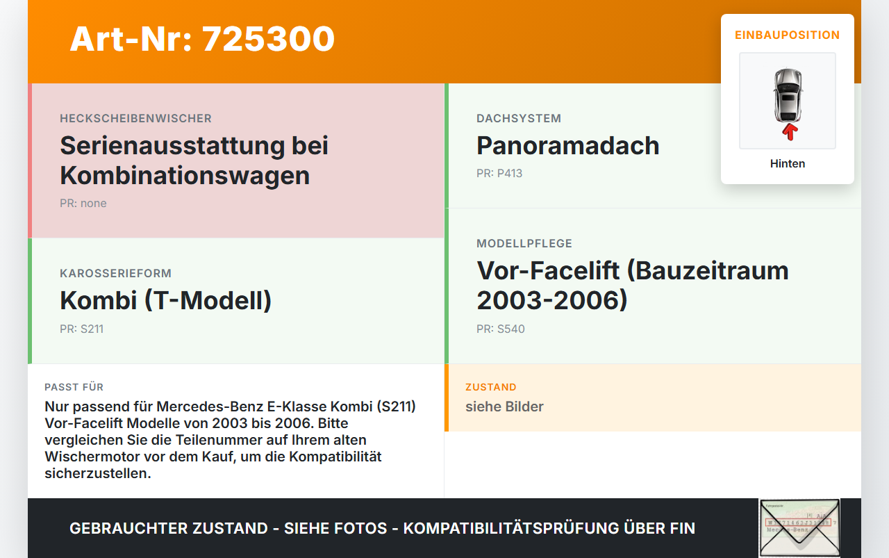 Mercedes S211 W211 E350 03-06 Kombi Wischermotor Hinten Heckwischermotor Mercedes S211 W211 E350 03-06 02.01.2006... Vorschau 3