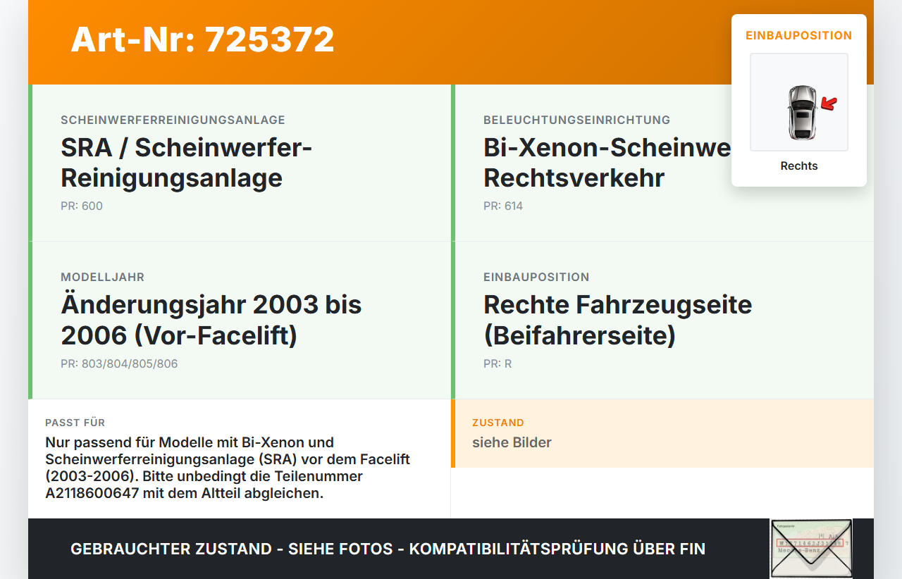 Mercedes S211 W211 E350 03-06 Waschdüse f. Scheinwerfer Rechts Mercedes S211 W211 E350 03-06 02.01.2006 A2118600647... Vorschau 3