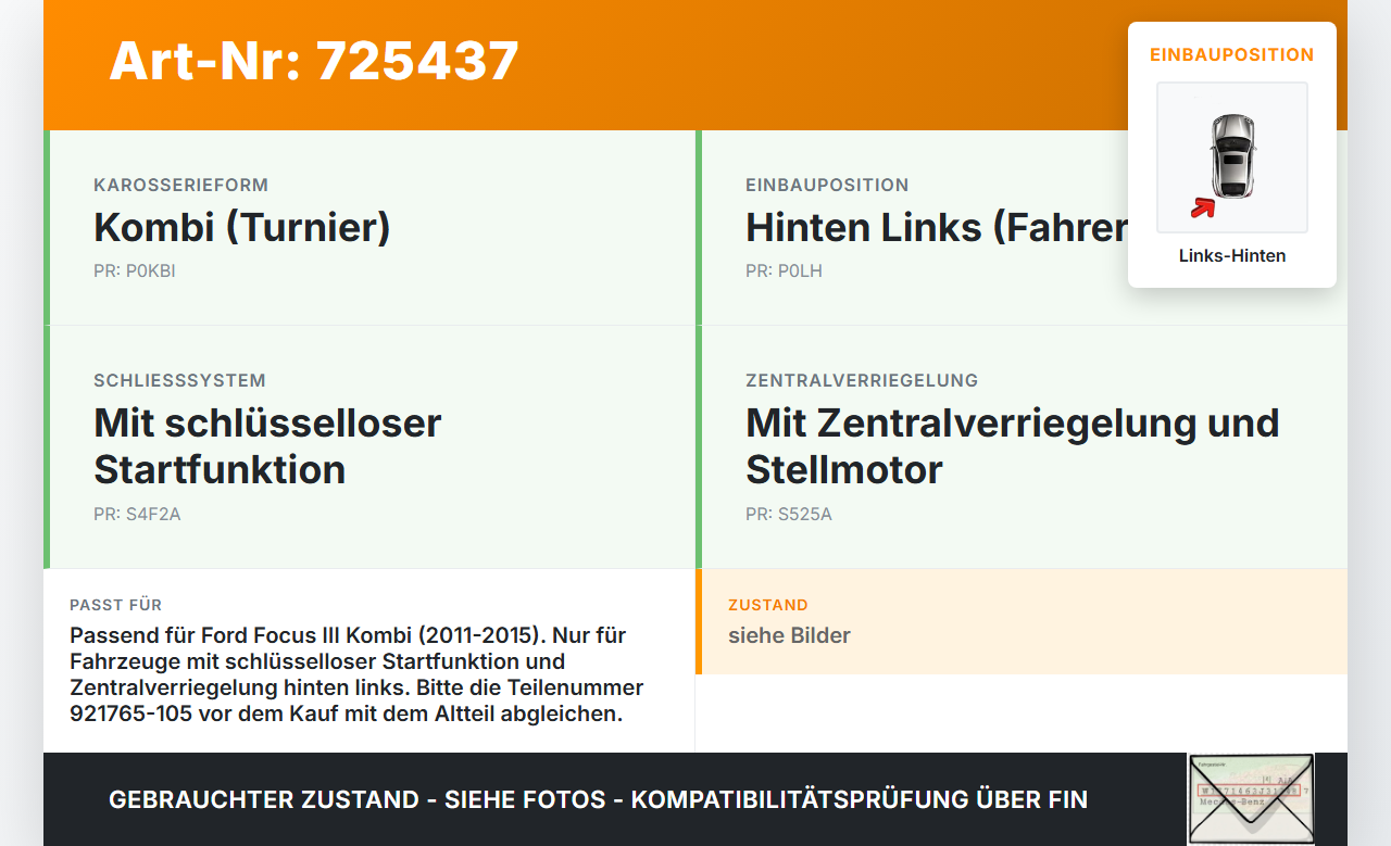 Ford Focus III 11-15 Kombi Türschloss m. ZV Stellmotor Links Hinten Ford Focus III 11-15 25.11.2013 BM5A-A26413-AF... Vorschau 3