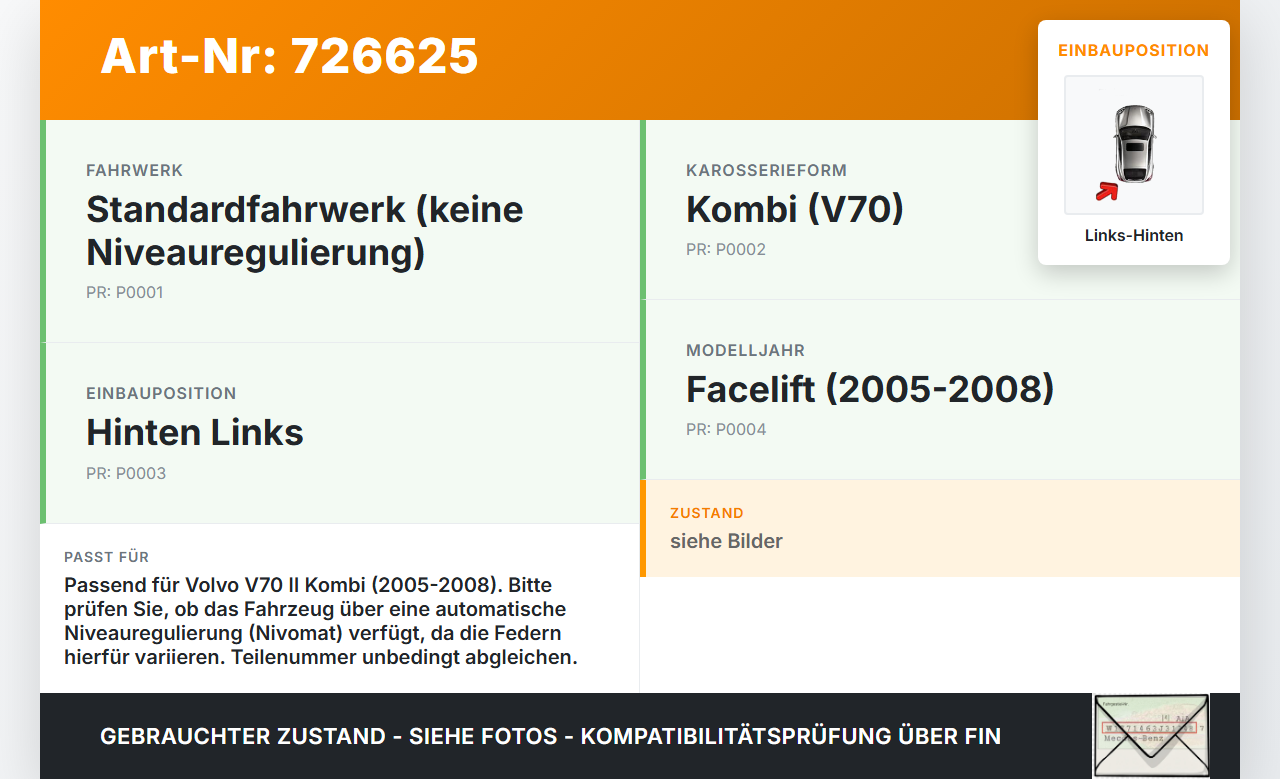 Volvo V70 II 05-08 Kombi Feder Hinten Links Volvo V70 II 05-08 21.11.2005 gebraucht Vorschau 3