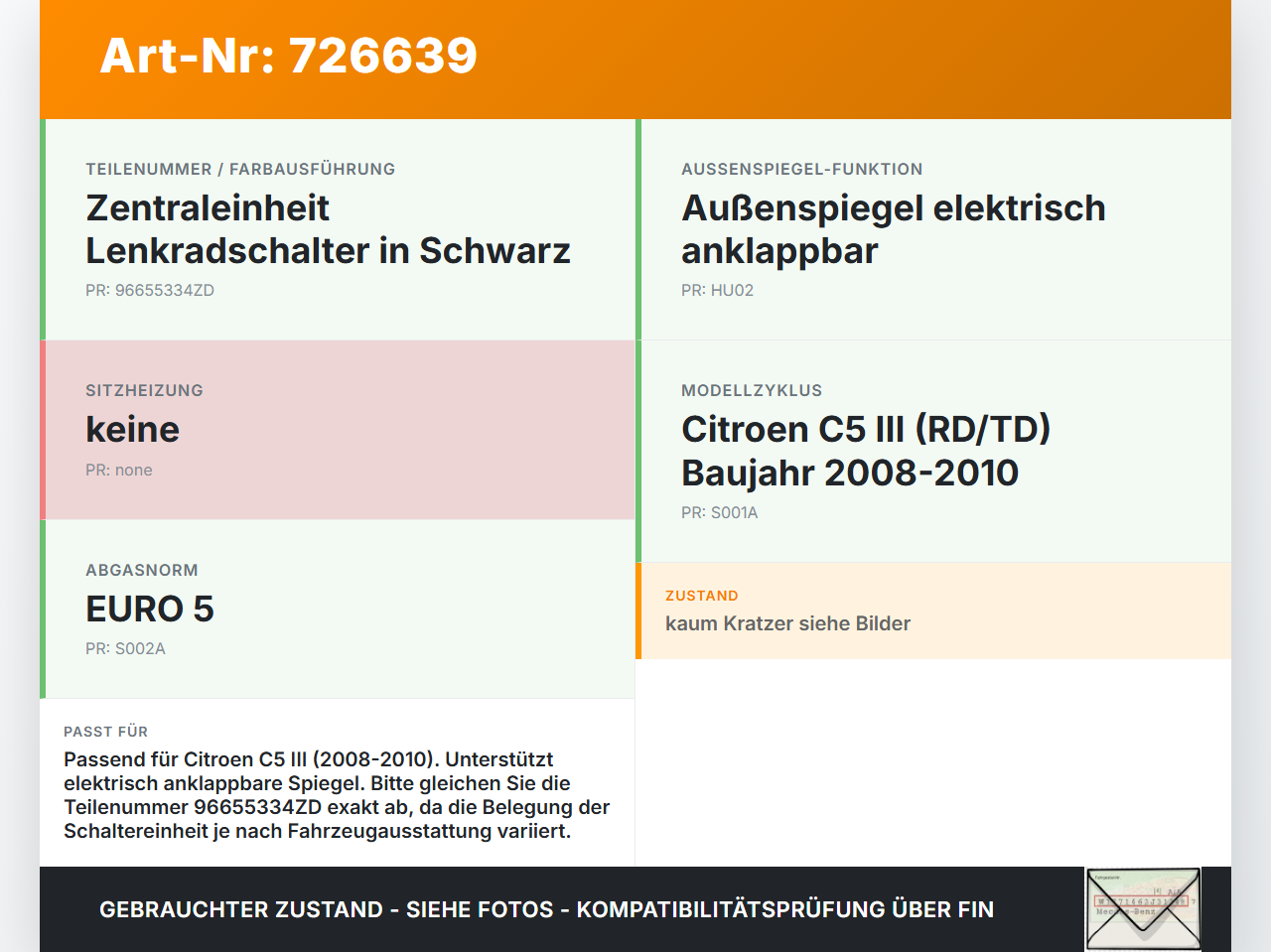 Citroen C5 RD TD 08-10 Schaltzentrum Lenkrad Citroen C5 RD TD 08-10 25.09.2008 28171322 96655334ZD gebraucht Vorschau 3
