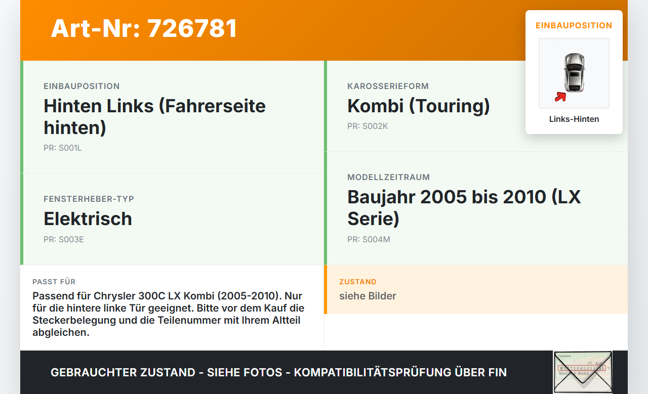 Chrysler 300C LX 05-10 Kombi Fensterhebermotor mit Fensterheber Links Hinten Chrysler 300C LX 05-10 03.03.2007 gebraucht Vorschau 3