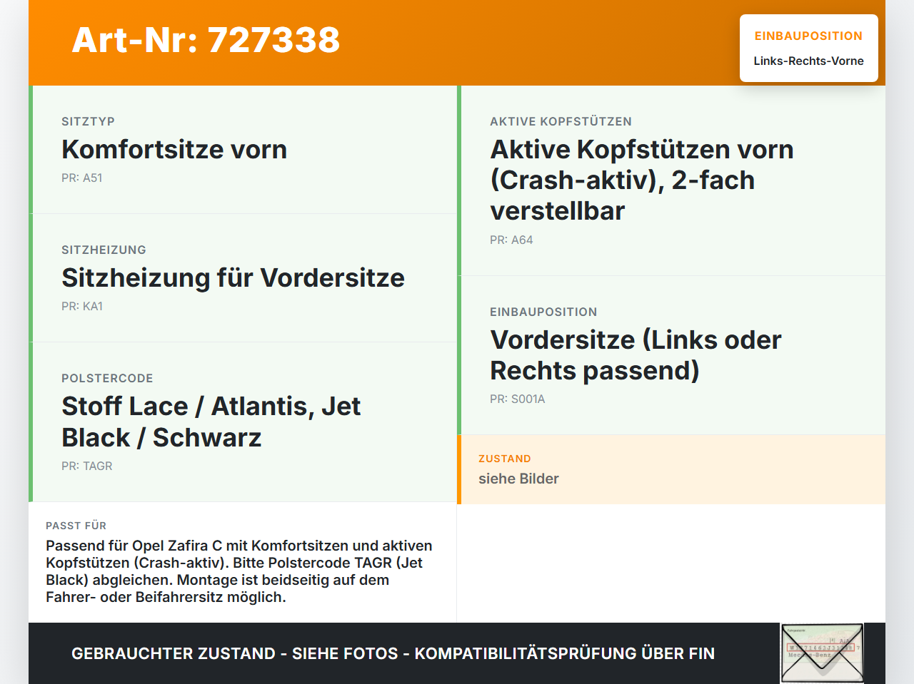 Opel Zafira C P12 11-16 Kopfstütze für Fahrer Sitz Rechts oder Links Vorne Crash Aktiv Opel Zafira C P12 11-16... Vorschau 3