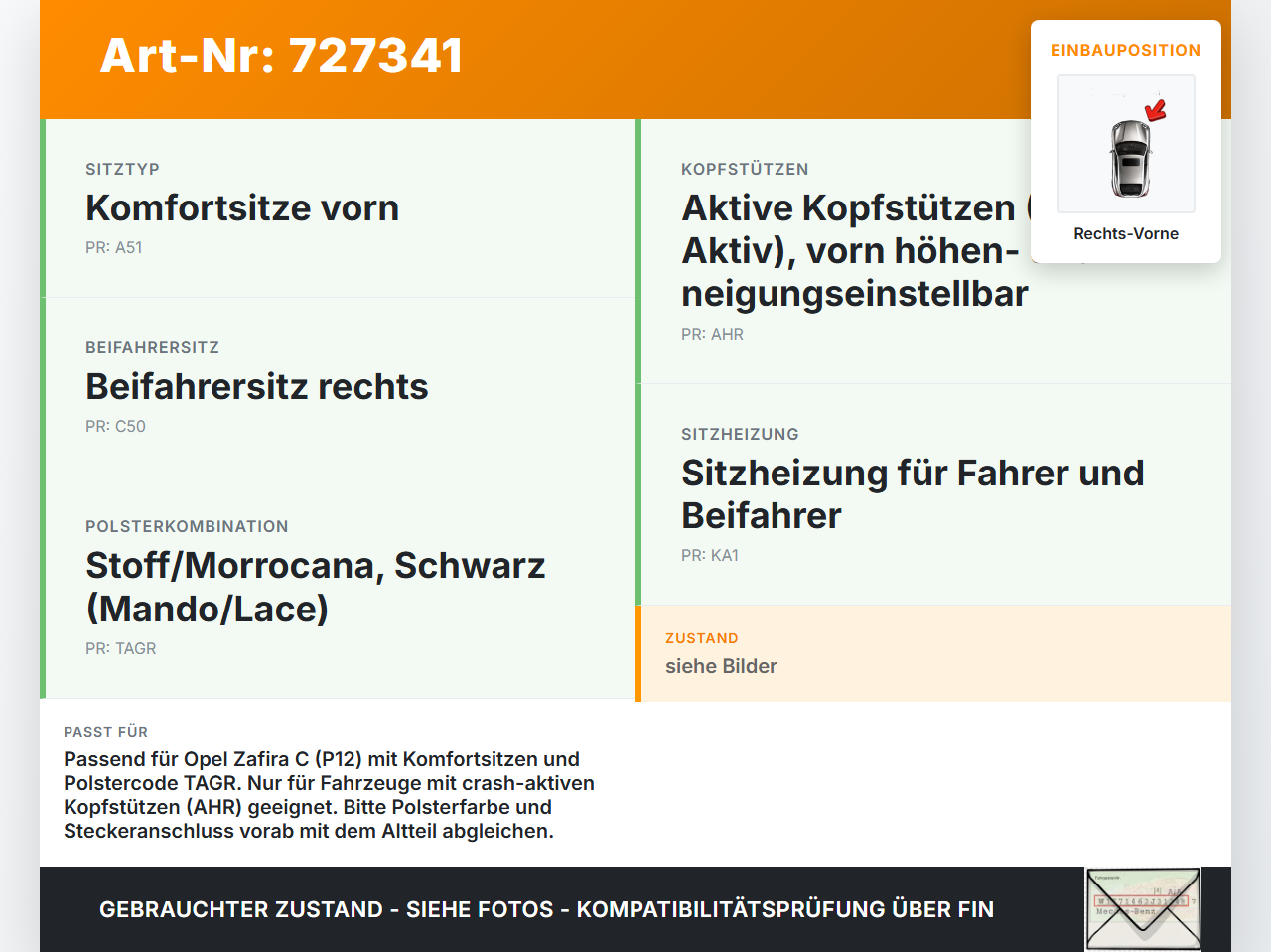 Opel Zafira C P12 11-16 Kopfstütze für Beifahrer Sitz Rechts Vorne Crash Aktiv Opel Zafira C P12 11-16 19.11.2013... Vorschau 3