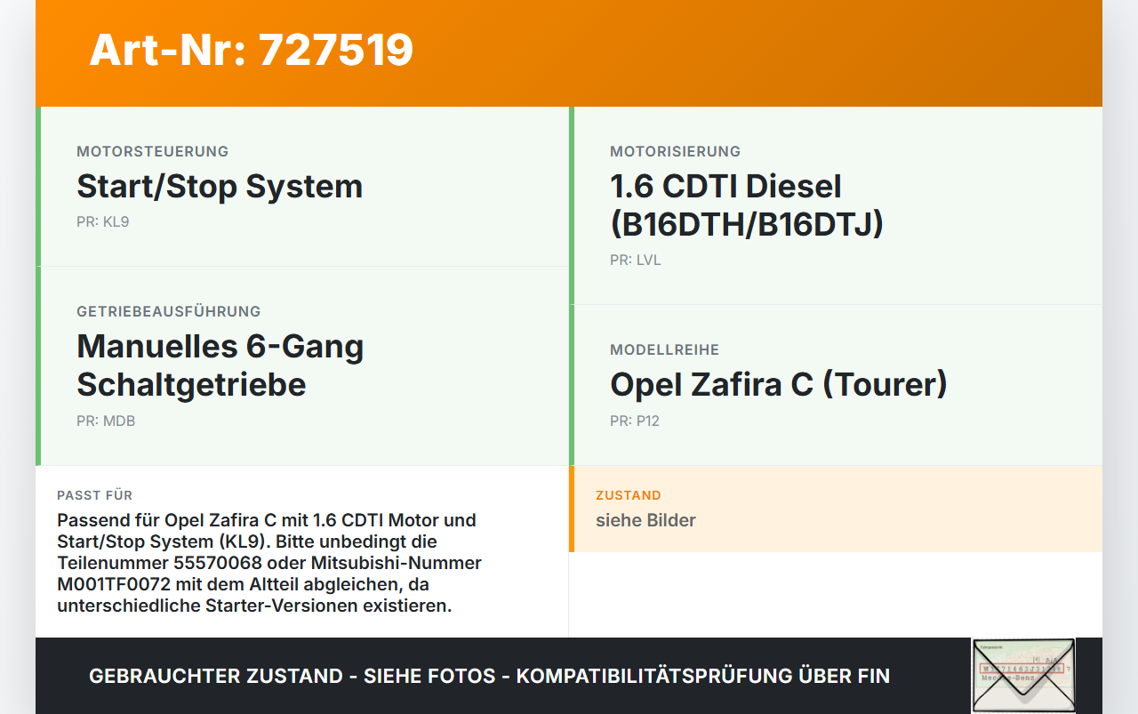 Opel Zafira C P12 11-16 TD 1,6 Anlasser Starter Opel Zafira C P12 11-16 19.11.2013 55570068 M001TF0072 gebraucht Vorschau 3