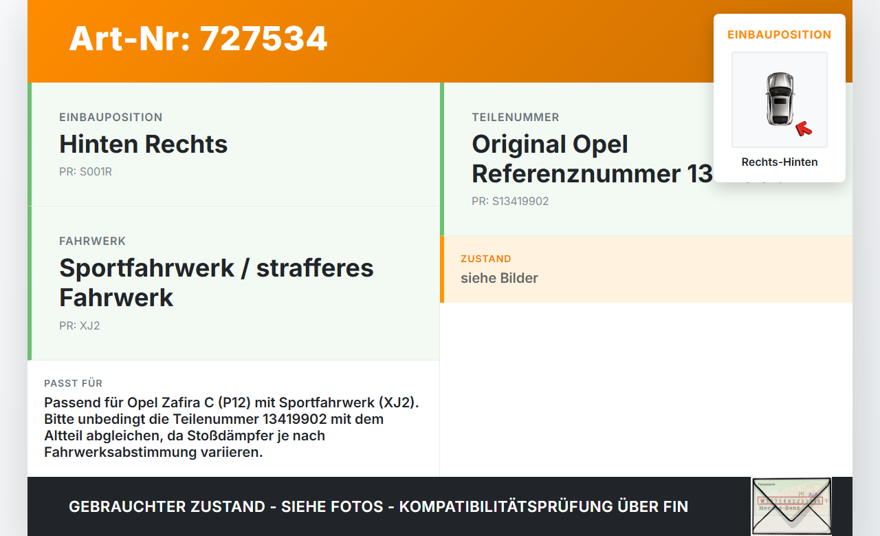 Opel Zafira C P12 11-16 Stossdämpfer Rechts Hinten Opel Zafira C P12 11-16 19.11.2013 13419902 gebraucht Vorschau 3