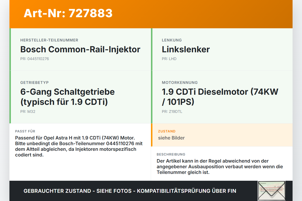 Opel Astra H 06-10 CDTi 1,9 74KW Injektor Einspritzdüse Rail Zyl.1 Opel Astra H 06-10 05.10.2007 044511027 gebraucht Vorschau 3