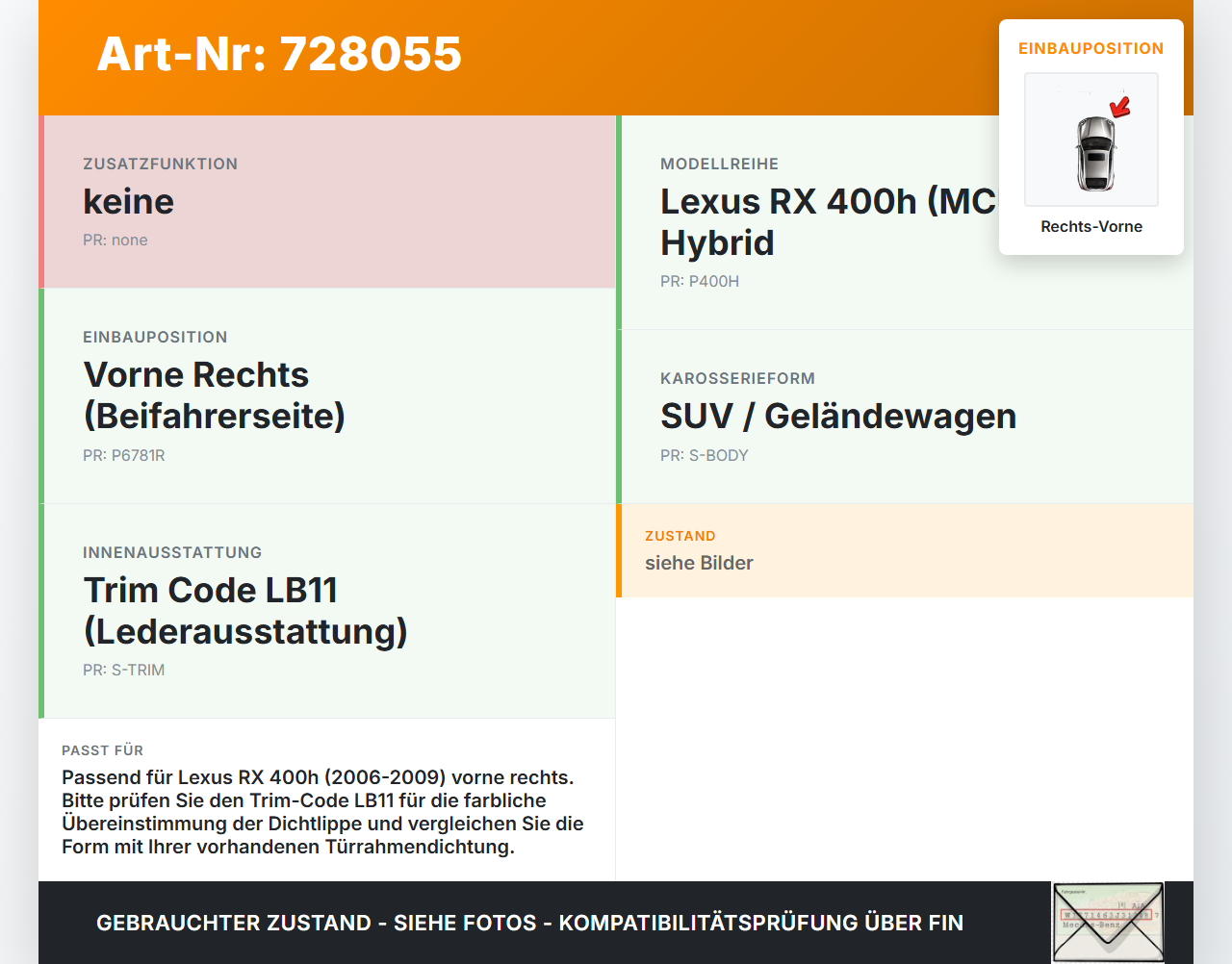 Lexus RX 400h MCU 06-09 Dichtung für Rahmen Tür Rechts Vorne Lexus RX 400h MCU 06-09 15.02.2007 gebraucht Vorschau 3
