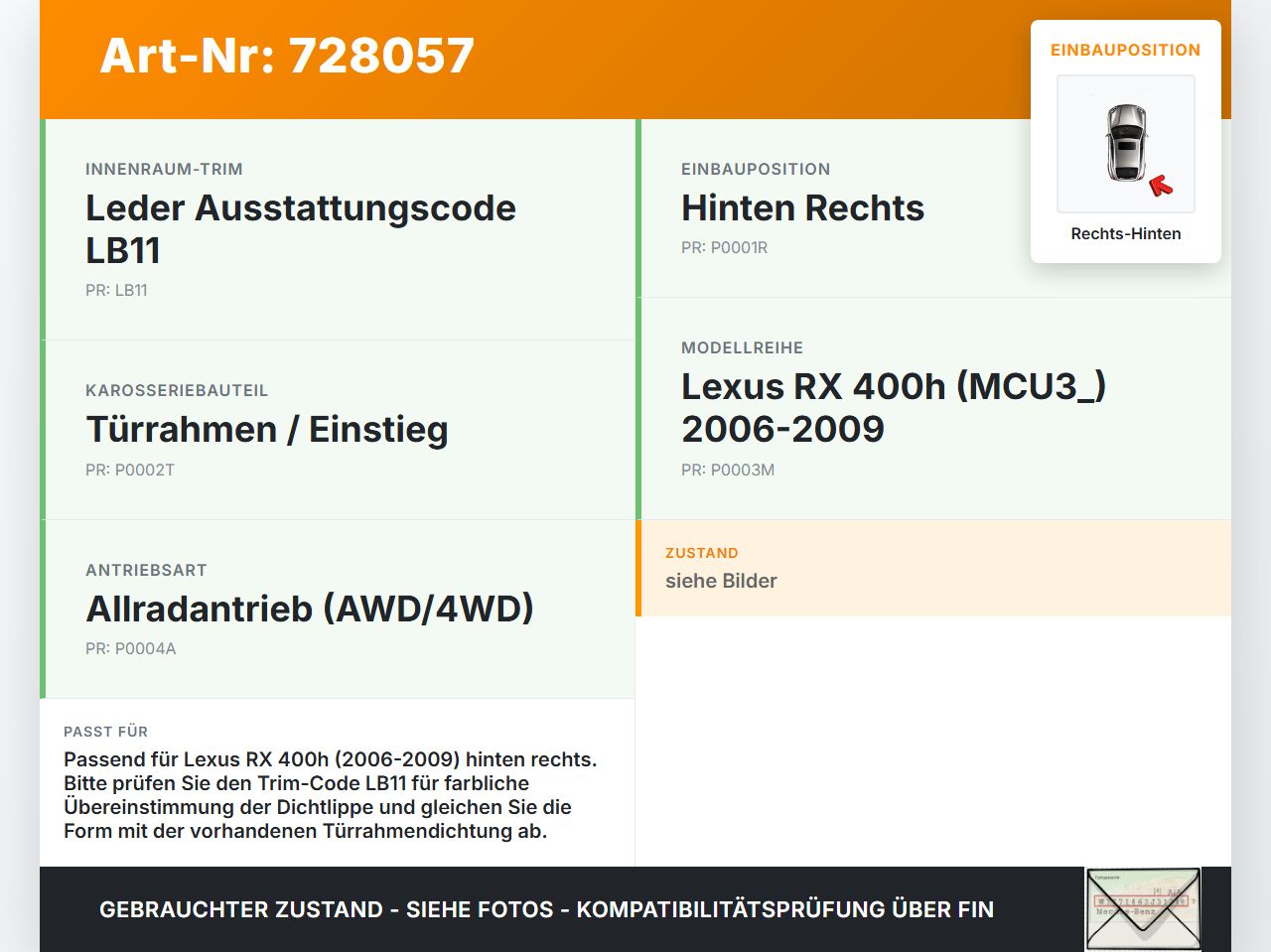 Lexus RX 400h MCU 06-09 Dichtung für Rahmen Tür Rechts Hinten Lexus RX 400h MCU 06-09 15.02.2007 gebraucht Vorschau 3