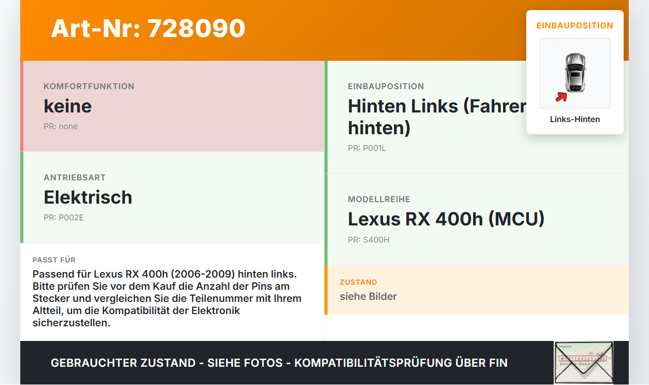 Lexus RX 400h MCU 06-09 Fensterhebermotor mit Fensterheber Links Hinten Lexus RX 400h MCU 06-09 15.02.2007 gebraucht Vorschau 3