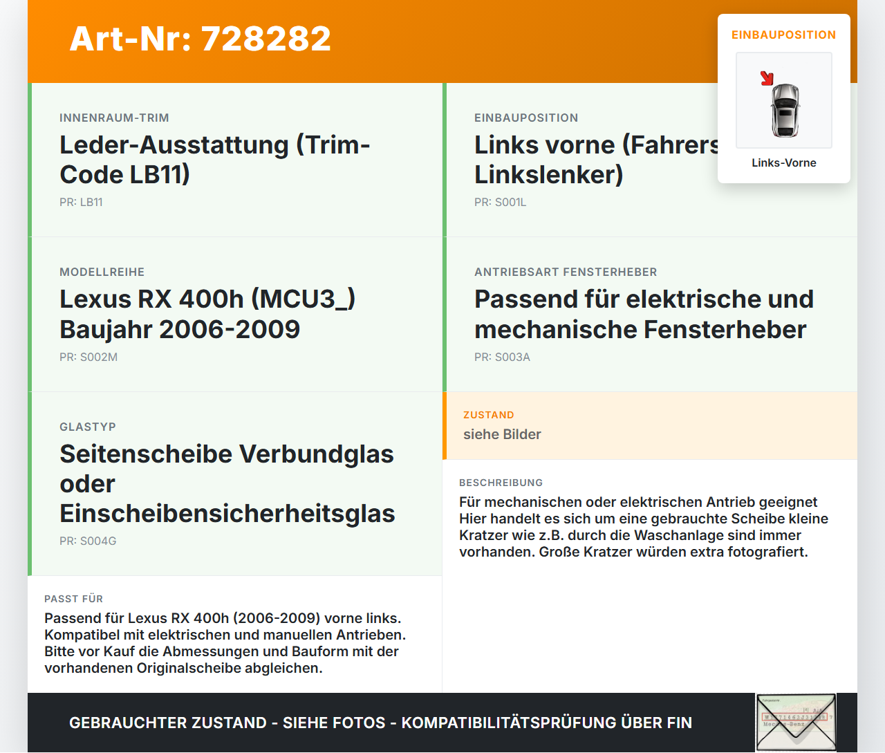 Lexus RX 400h MCU 06-09 LVK Seitenscheibe für Tür Fenster Türscheibe Links Vorne Lexus RX 400h MCU 06-09 15.02.2007... Vorschau 3