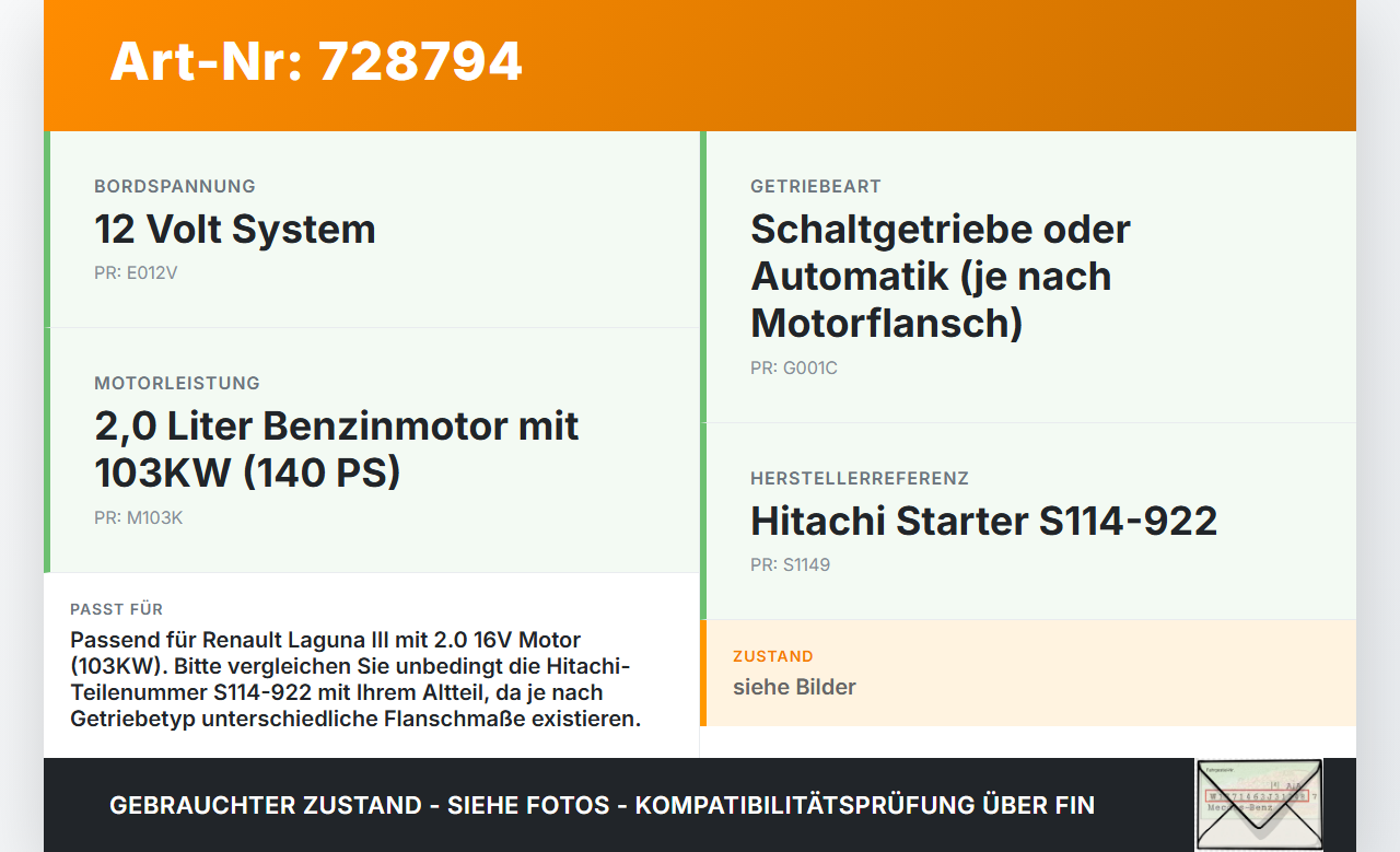 Renault Laguna III 3 07-11 140 2,0 103KW Anlasser Starter Renault Laguna III 3 07-11 26.02.2008 23300-CK800... Vorschau 3