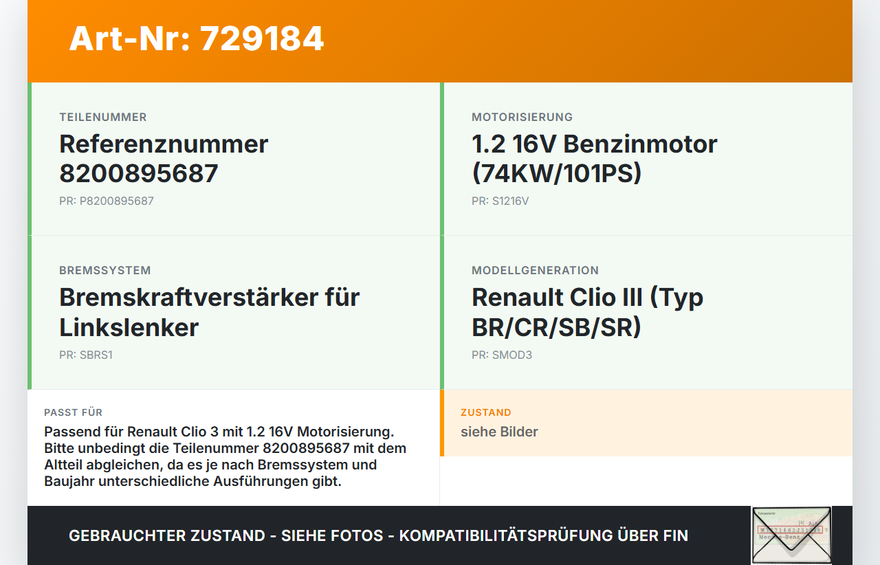 Renault Clio 3 III 3P 05-09 1,2 16V 74KW Bremskraftverstärker Renault Clio 3 III 3P 05-09 12.12.2008 8200895687... Vorschau 3