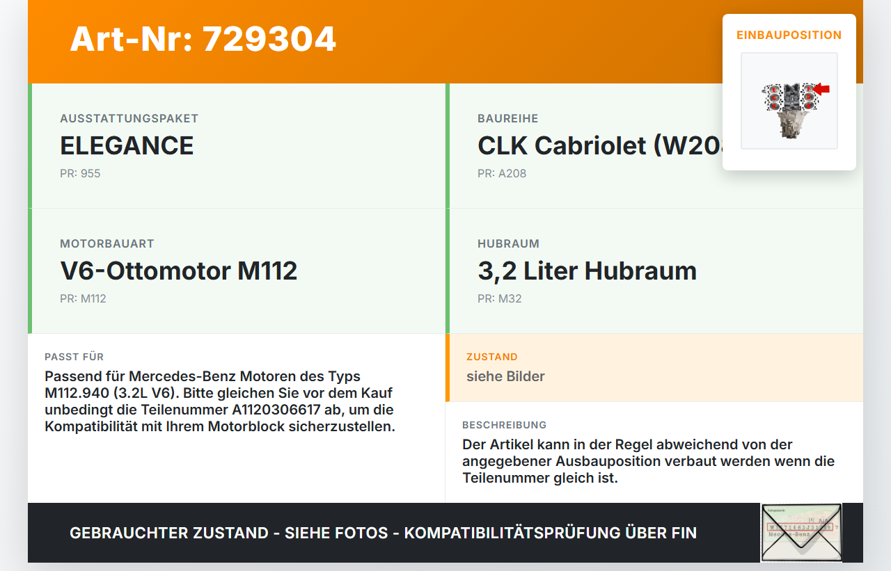 Mercedes CLK 320 A208 3,2 160KW 112.940 Kolben mit Pleuel Pos F Mercedes CLK 320 A208 31.01.2000 A1120300617 gebraucht Vorschau 3