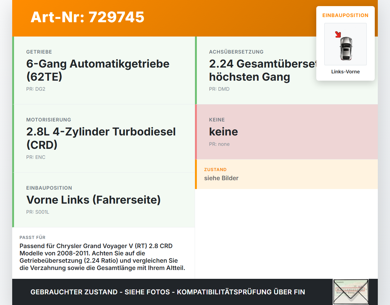 Chrysler Grand Voyager V RT 08-11 CRD 2,8 120KW Autom Antriebswelle Gelenkwelle Links Vorne Chrysler Grand Voyager... Vorschau 3