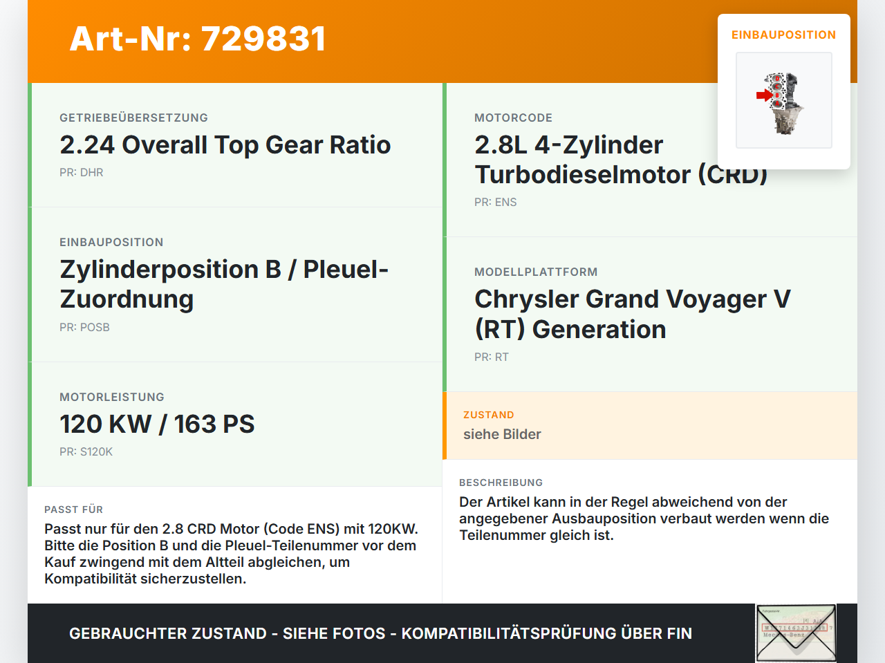 Chrysler Grand Voyager V RT 08-11 CRD 2,8 120KW ENS Kolben mit Pleuel Pos B Chrysler Grand Voyager V RT 08-11... Vorschau 3