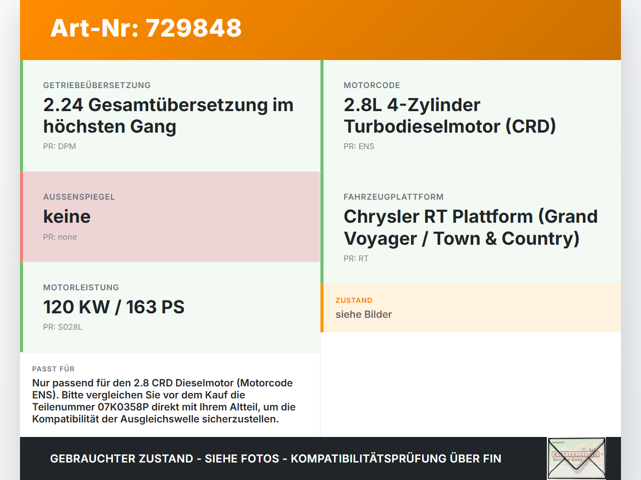 Chrysler Grand Voyager V RT 08-11 CRD 2,8 120KW ENS Ausgleichswelle Chrysler Grand Voyager V RT 08-11 26.12.2008... Vorschau 3