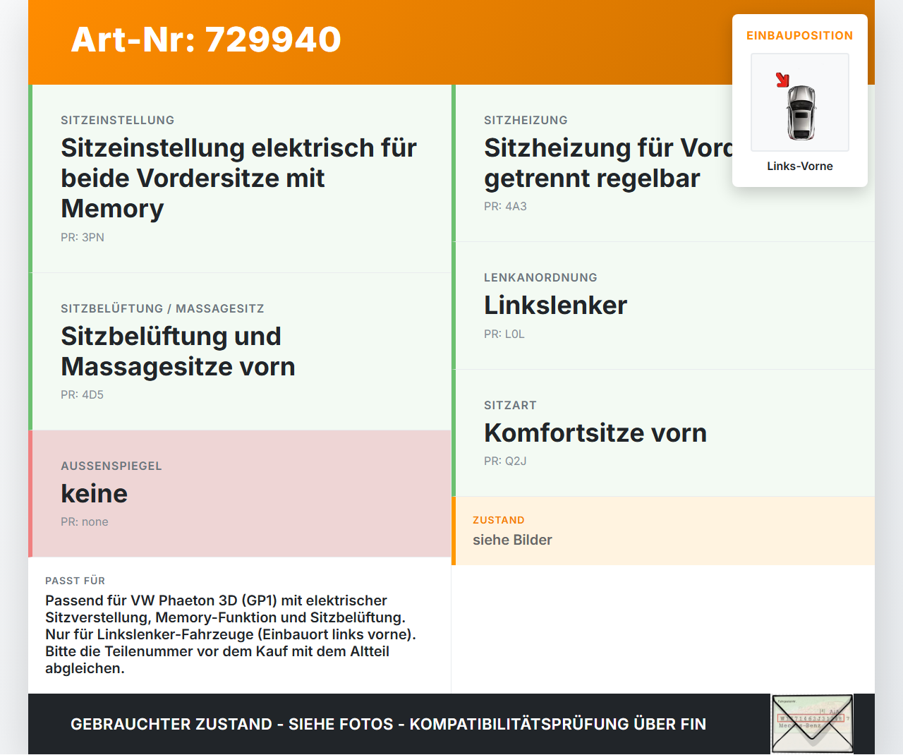 VW Phaeton 3D GP1 07-10 Stellmotor für Elektrische Sitzverstellung Links Vorne VW Phaeton 3D GP1 07-10 08.07.2008... Vorschau 3