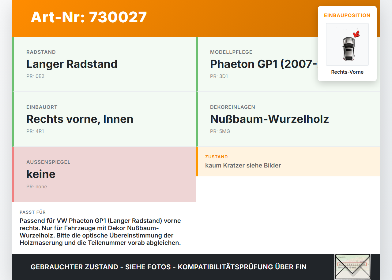 VW Phaeton 3D GP1 07-10 Lang Türleiste Rechts Vorne Innen Holzdekor für Türverkleidung LR9V VW Phaeton 3D GP1 07-10... Vorschau 3