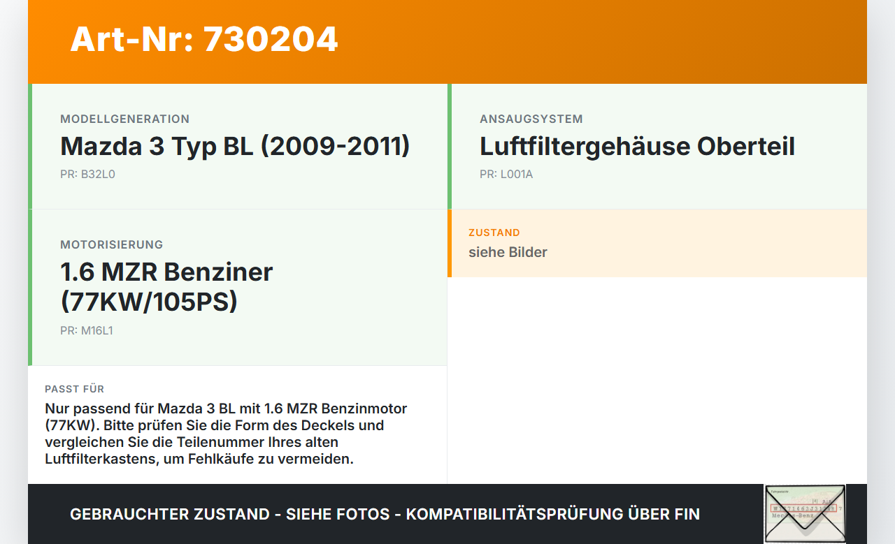 Mazda 3 BL 09-11 MZR 1,6 77KW Deckel für Luftfilterkasten Mazda 3 BL 09-11 19.08.2010 gebraucht Vorschau 3