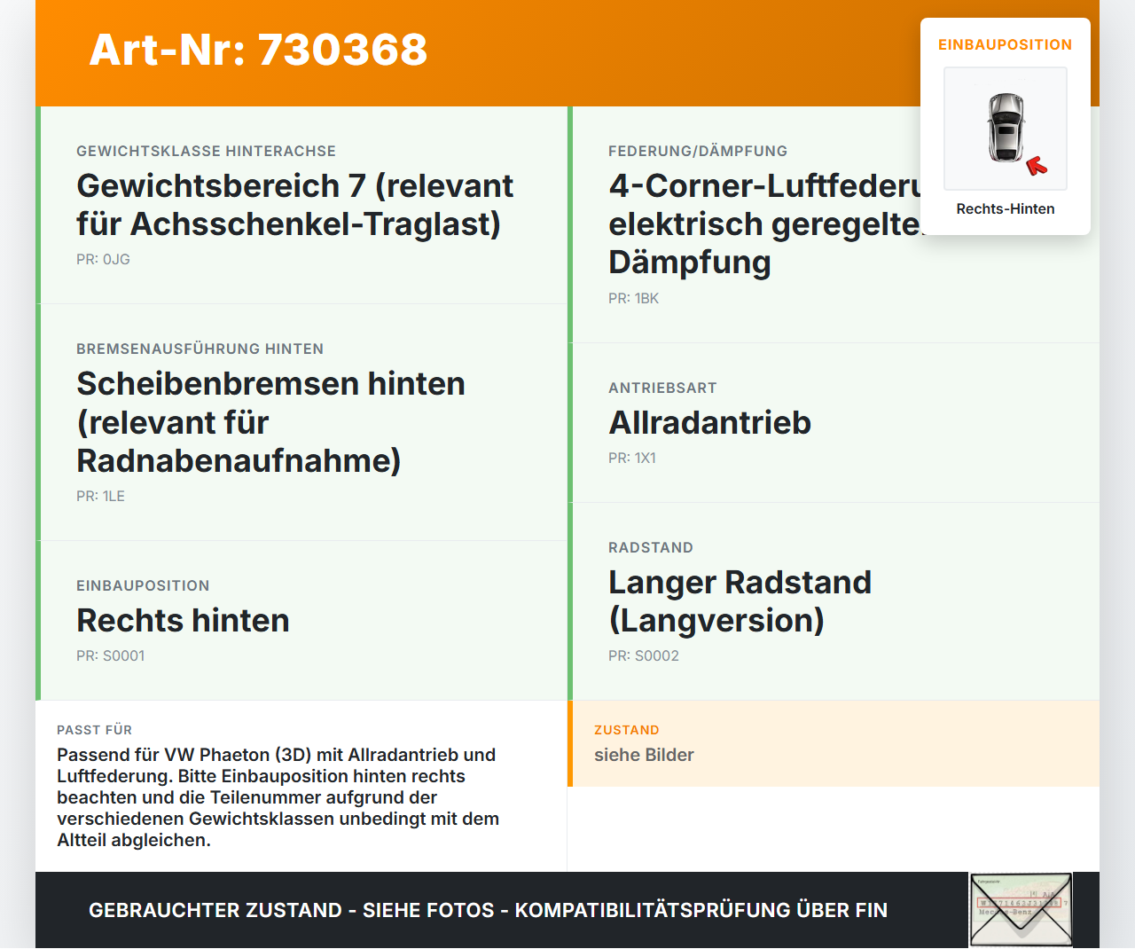 VW Phaeton 3D GP1 07-10 Lang TDI 3,0 176KW 4WD Achsschenkel Radnabe mit ABS Rechts Hinten VW Phaeton 3D GP1 07-10... Vorschau 3