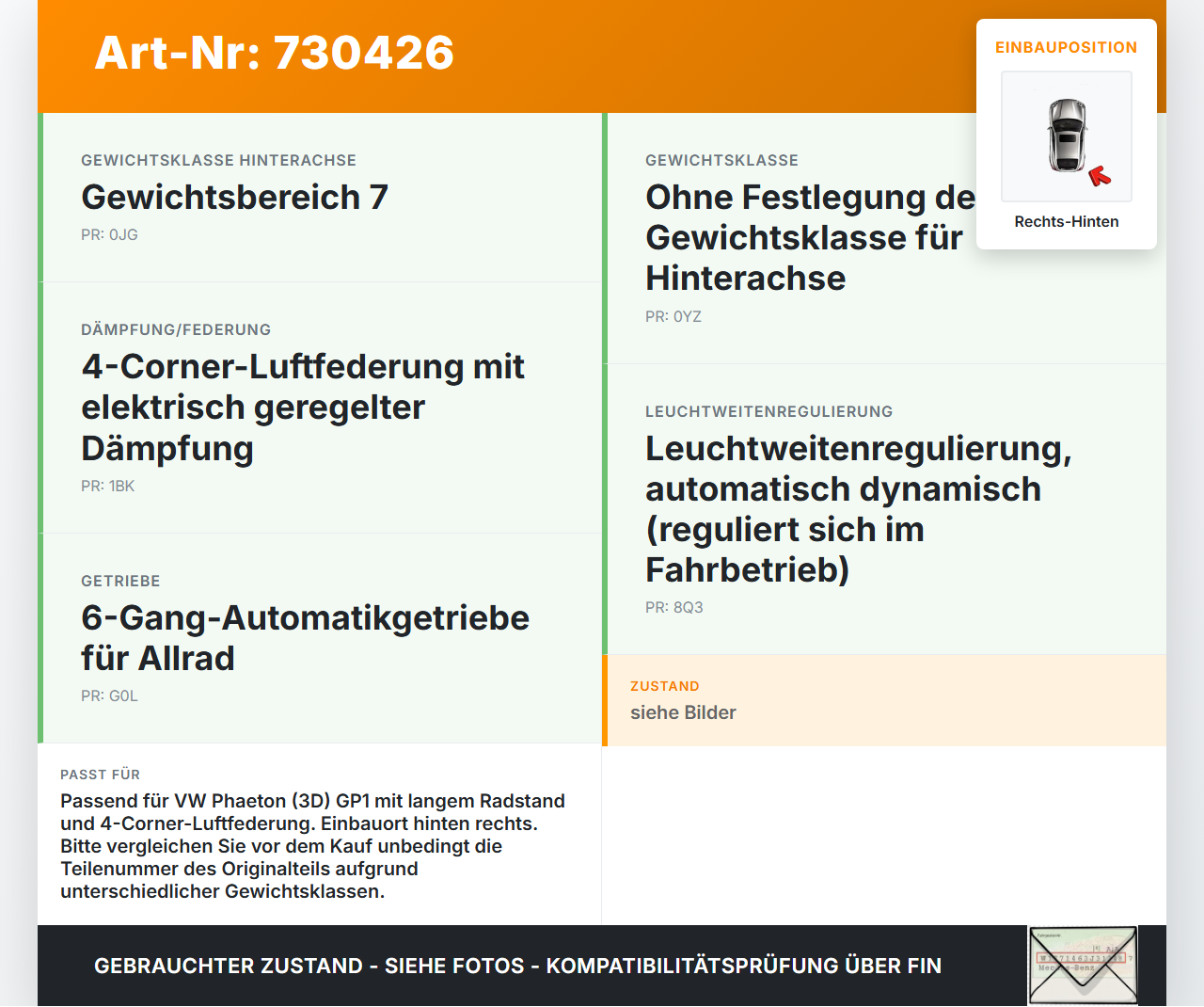 VW Phaeton 3D GP1 07-10 Lang Stossdämpfer Luftfederbein Federbein Hinten Rechts VW Phaeton 3D GP1 07-10 08.07.2008... Vorschau 3