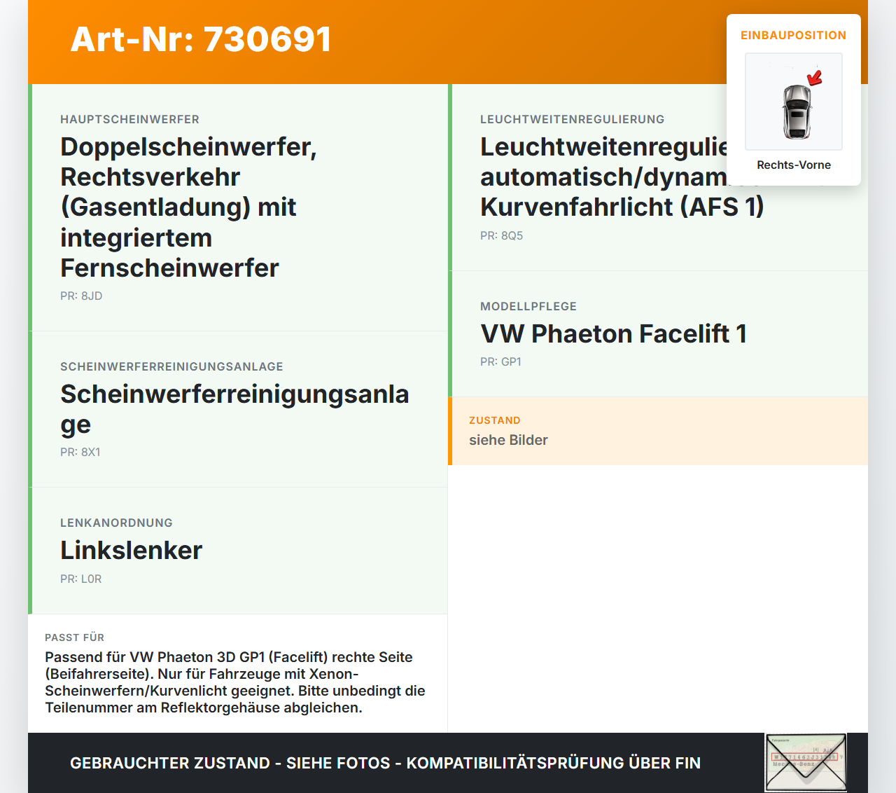 VW Phaeton 3D GP1 07-10 TDI 3,0 176KW Lampenträger Leuchtmittel Reflektorgehäuse Rechts Vorne VW Phaeton 3D GP1... Vorschau 3