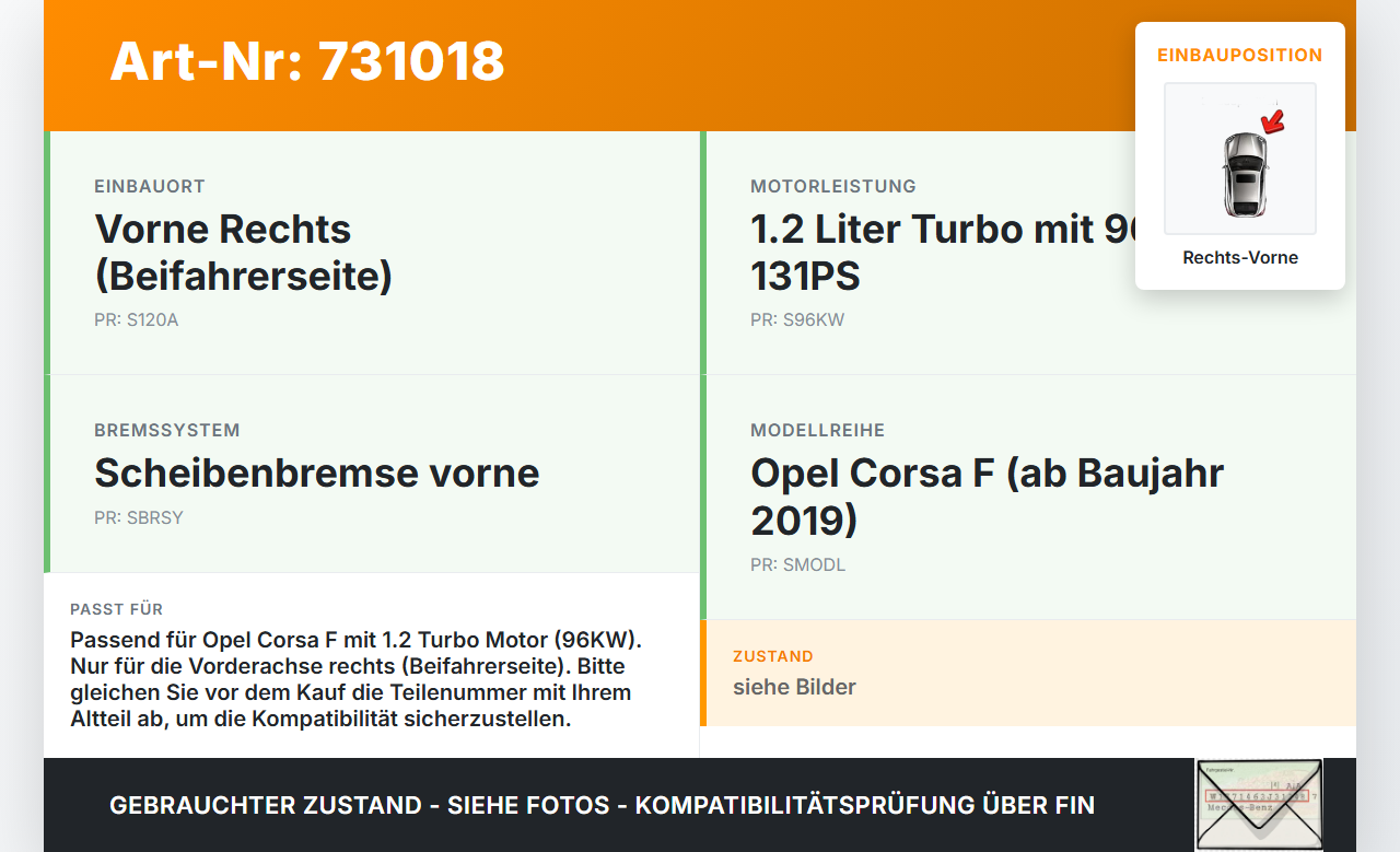 Opel Corsa F 19-22 PT 1,2 96KWKW Bremssattel Bremszange Vorne Rechts Opel Corsa F 19-22 01.01.2021 gebraucht Vorschau 3