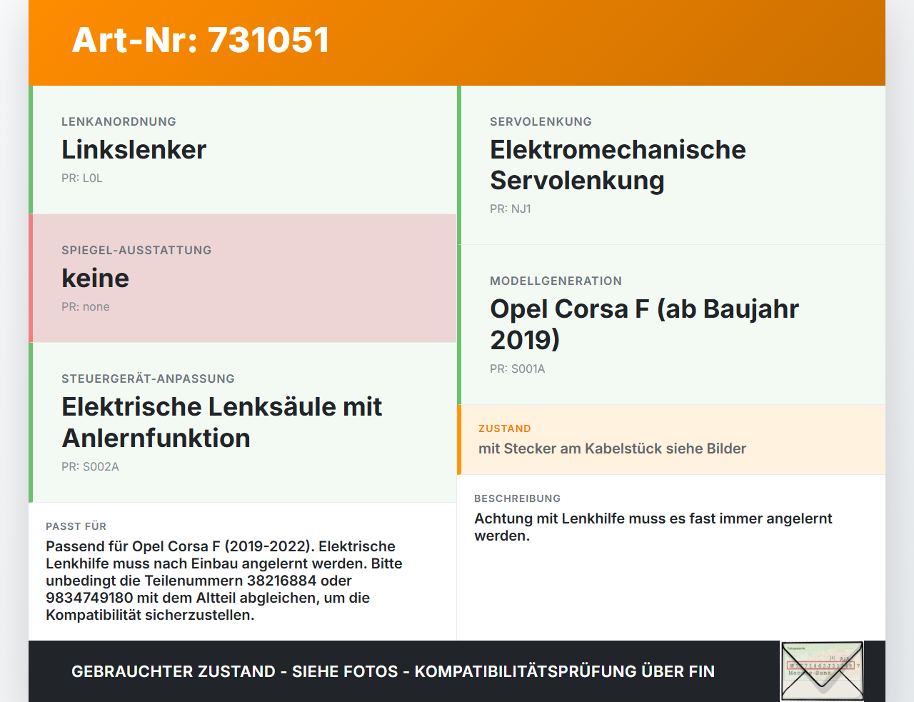Opel Corsa F 19-22 Lenkhilfe elektr. Lenksäule Opel Corsa F 19-22 01.01.2021 9834749180 38216884 gebraucht Vorschau 3