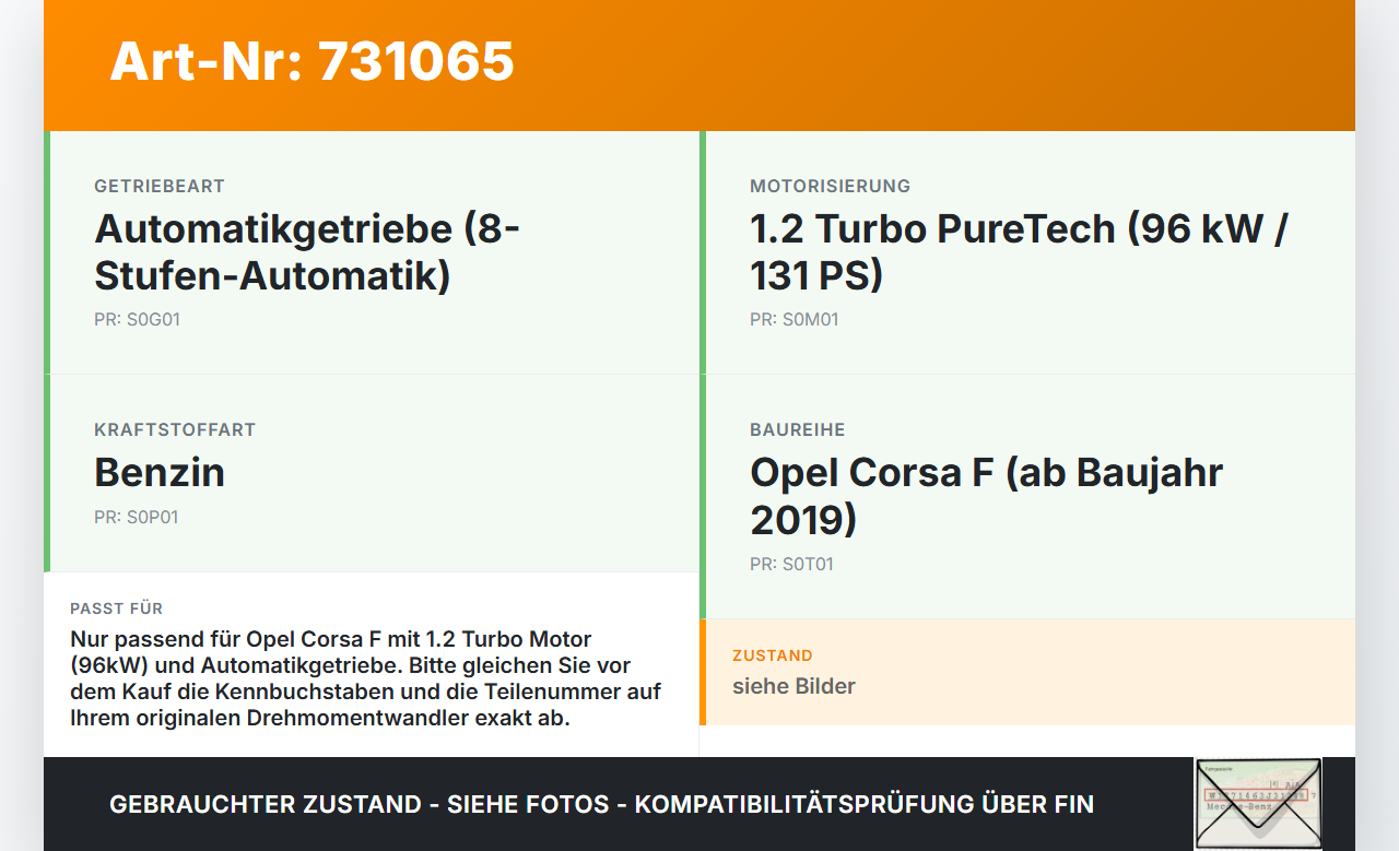 Opel Corsa F 19-22 PT 1,2 96KWKW Autom Wandler Drehmomentwandler für Getriebe Opel Corsa F 19-22 01.01.2021 39A020... Vorschau 3