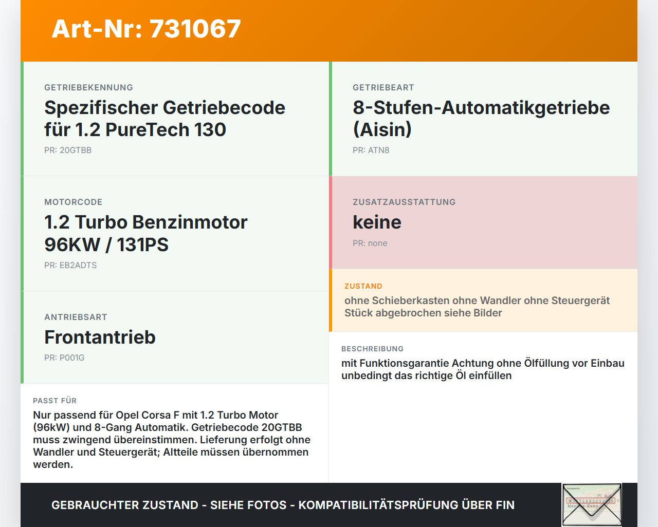 Opel Corsa F 19-22 PT 1,2 96KWKW ATN8, 3,56 Automatikgetriebe Getriebe 20GTBB Opel Corsa F 19-22 01.01.2021 3433922... Vorschau 3
