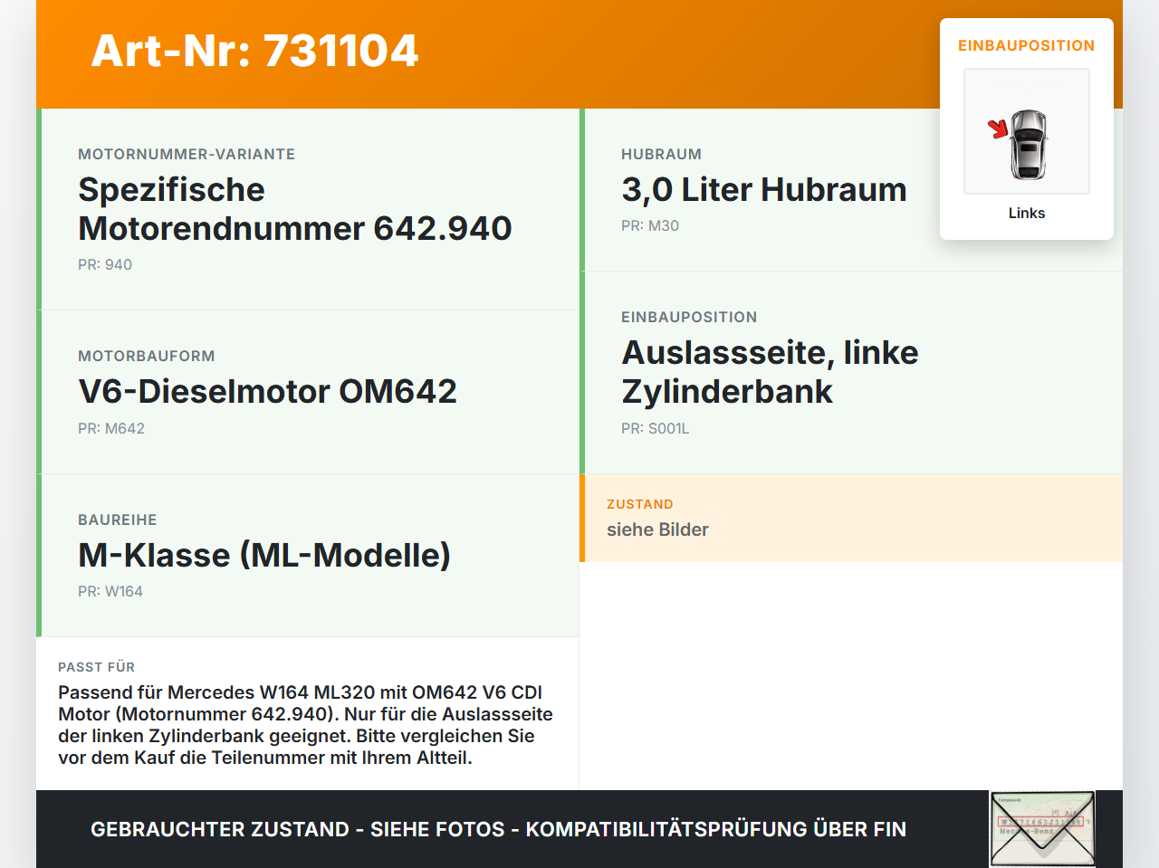 Mercedes W164 ML320 05-09 CDI 3,0 165KW 642940 Nockenwelle Auslass Links Mercedes W164 ML320 05-09 16.01.2006... Vorschau 3