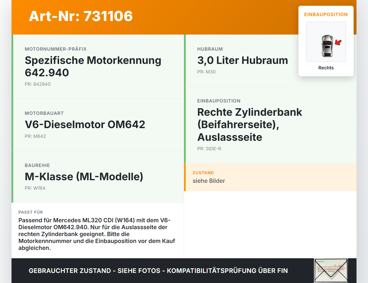 Mercedes W164 ML320 05-09 CDI 3,0 165KW 642940 Nockenwelle Auslass Rechts Mercedes W164 ML320 05-09 16.01.2006... Vorschau 3
