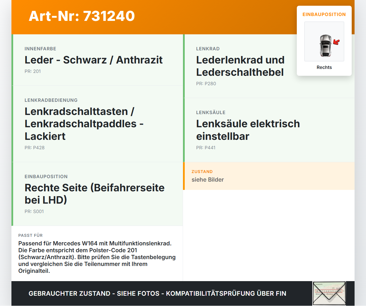 Mercedes W164 ML320 05-09 Lenkradschalter Multifunktionstasten Schalter für Lenkrad Rechts Mercedes W164 ML320... Vorschau 3