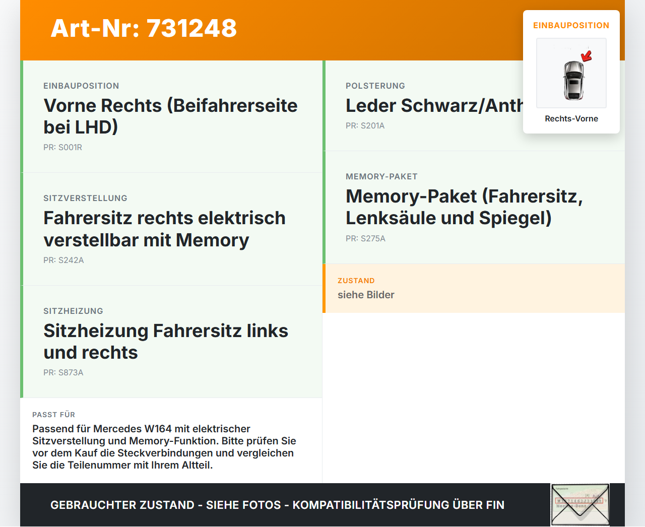Mercedes W164 ML320 05-09 Stellmotor für Elektr. Sitzverstellung Rechts Vorne Mercedes W164 ML320 05-09 16.01.2006... Vorschau 3