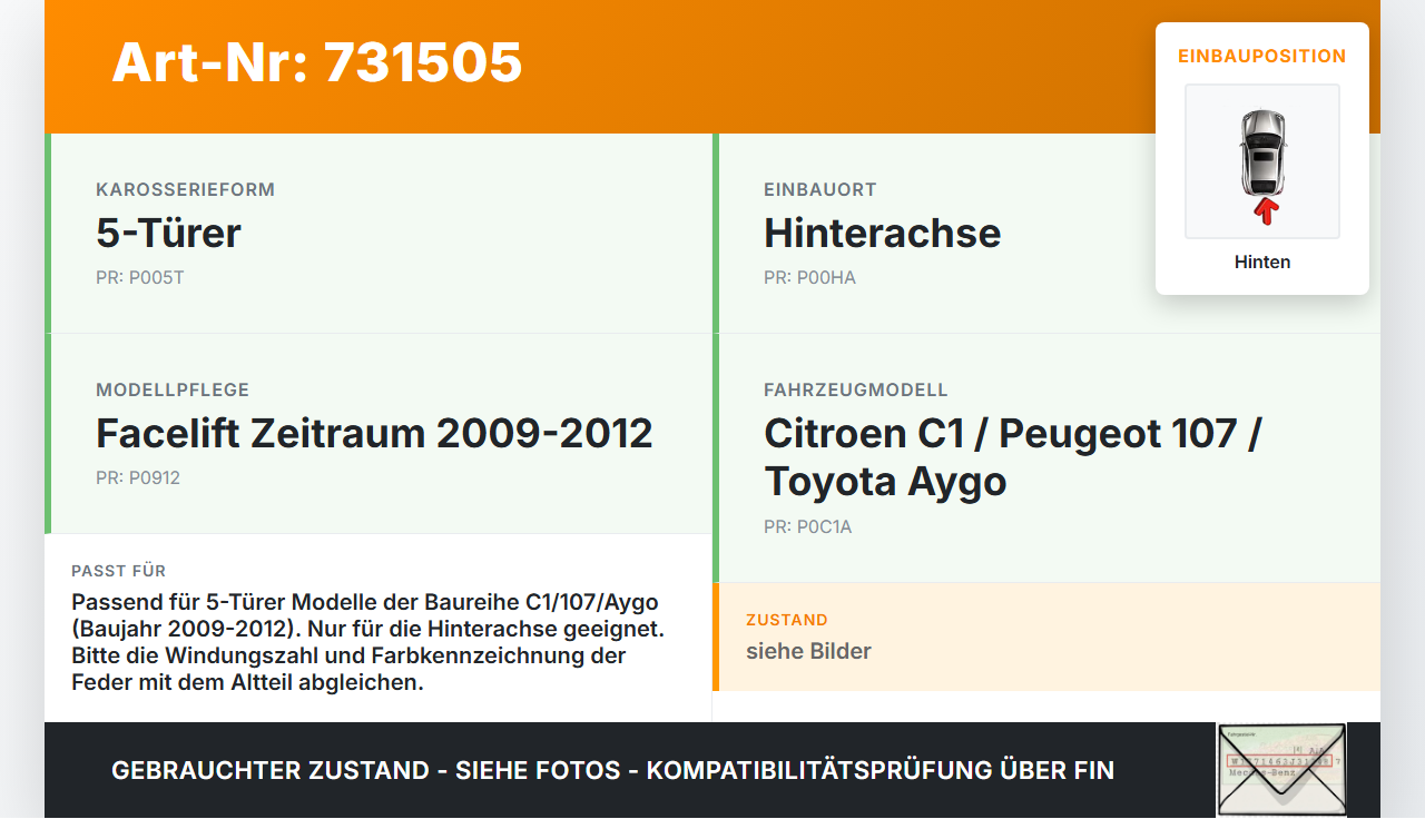 Citroen C1 107 Aygo 09-12 5T Beide Feder Federn Hinten Citroen C1 107 Aygo 09-12 01.02.2011 gebraucht Vorschau 3