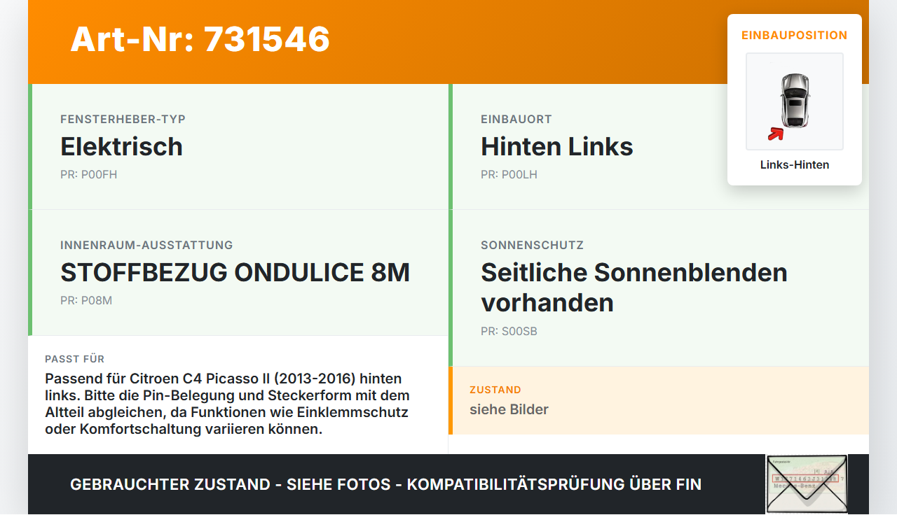 Citroen C4 Picasso II 13-16 Fensterhebermotor Links Hinten Citroen C4 Picasso II 13-16 23.09.2015 gebraucht Vorschau 3