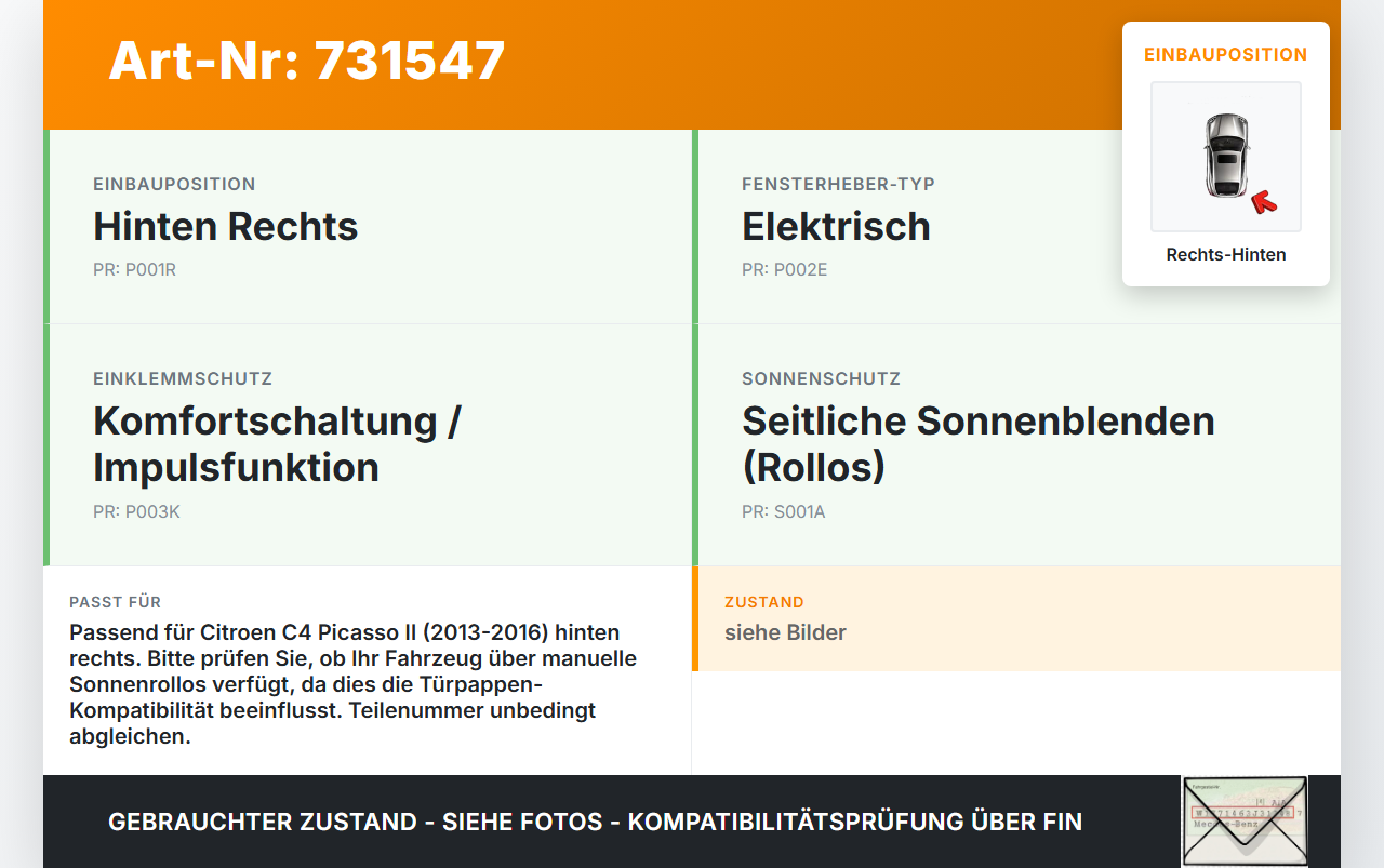 Citroen C4 Picasso II 13-16 Fensterhebermotor mit Fensterheber Rechts Hinten Citroen C4 Picasso II 13-16 23.09.2015... Vorschau 3
