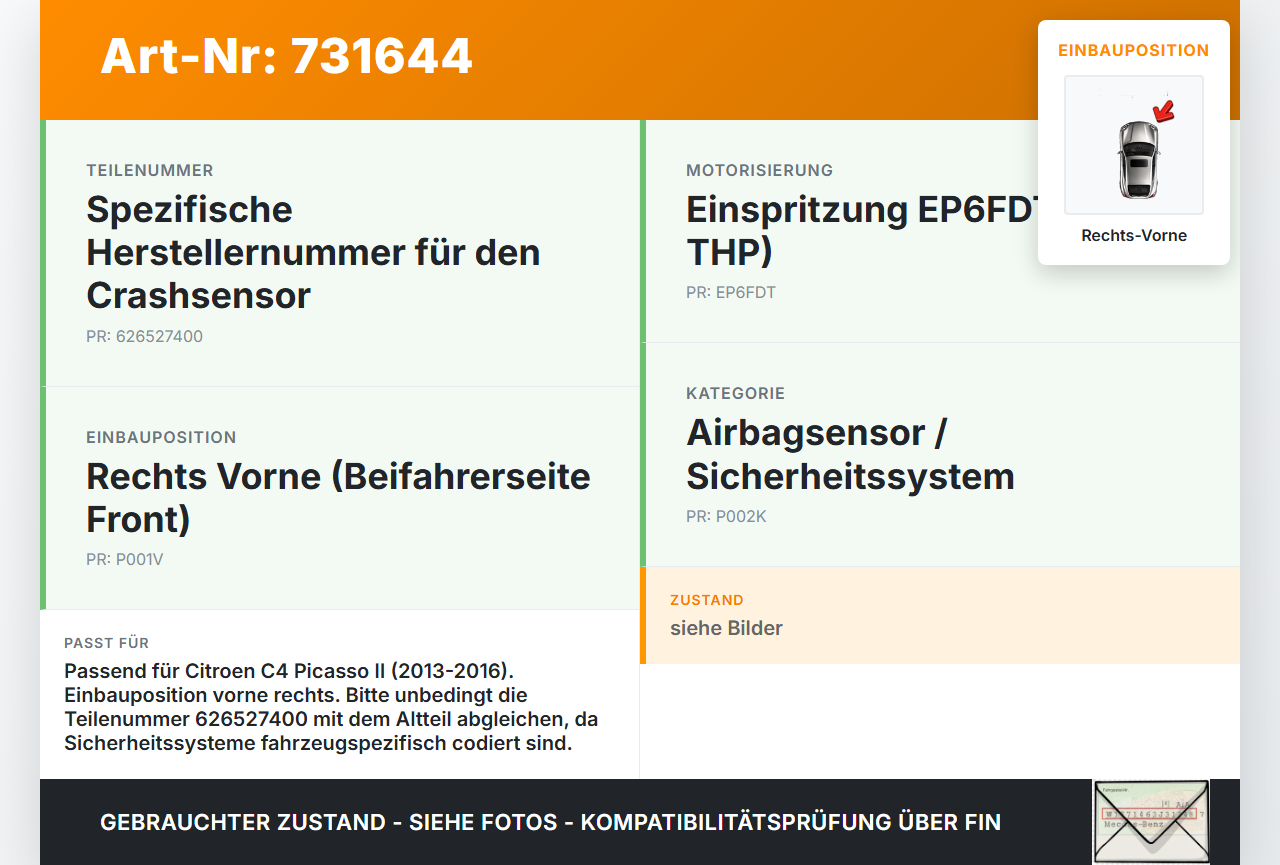 Citroen C4 Picasso II 13-16 Airbagsensor Crashsensor Sensor Rechts Vorne Citroen C4 Picasso II 13-16 23.09.2015... Vorschau 3