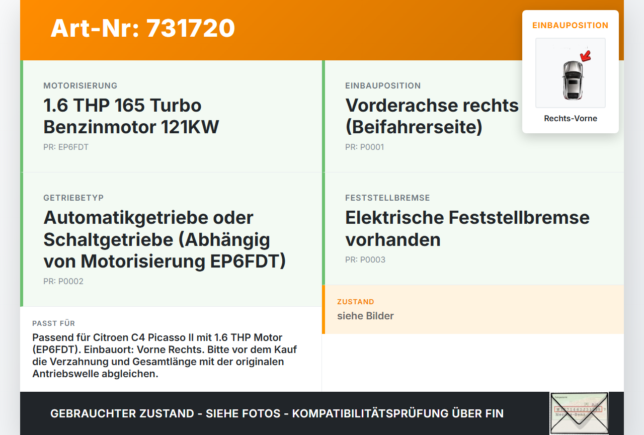 Citroen C4 Picasso II 13-16  THP 1,6 121KW Autom Antriebswelle Gelenkwelle Rechts Vorne Citroen C4 Picasso II 13-16... Vorschau 3