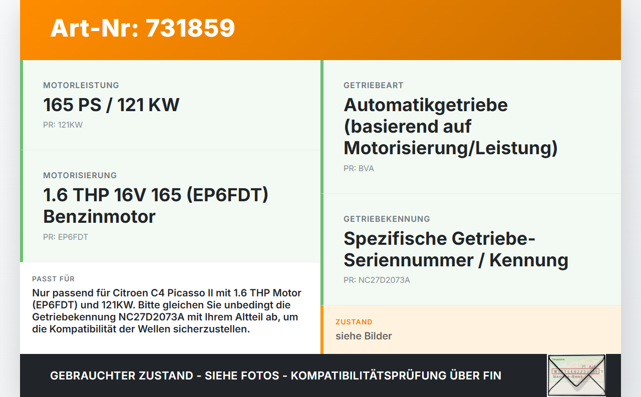 Citroen C4 Picasso II 13-16  THP 1,6 121KW Getriebewellen Citroen C4 Picasso II 13-16 23.09.2015 NC27D2073A gebraucht Vorschau 3
