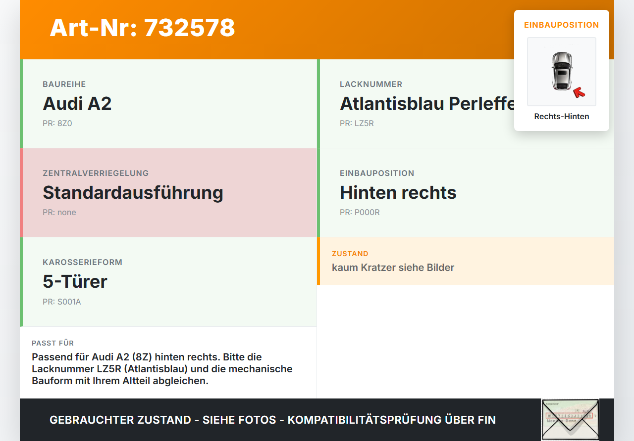 Audi A2 8Z 99-05 Türgriff Griff aussen Rechts Hinten LZ5R Audi A2 8Z 99-05 06.03.2001 gebraucht Vorschau 3