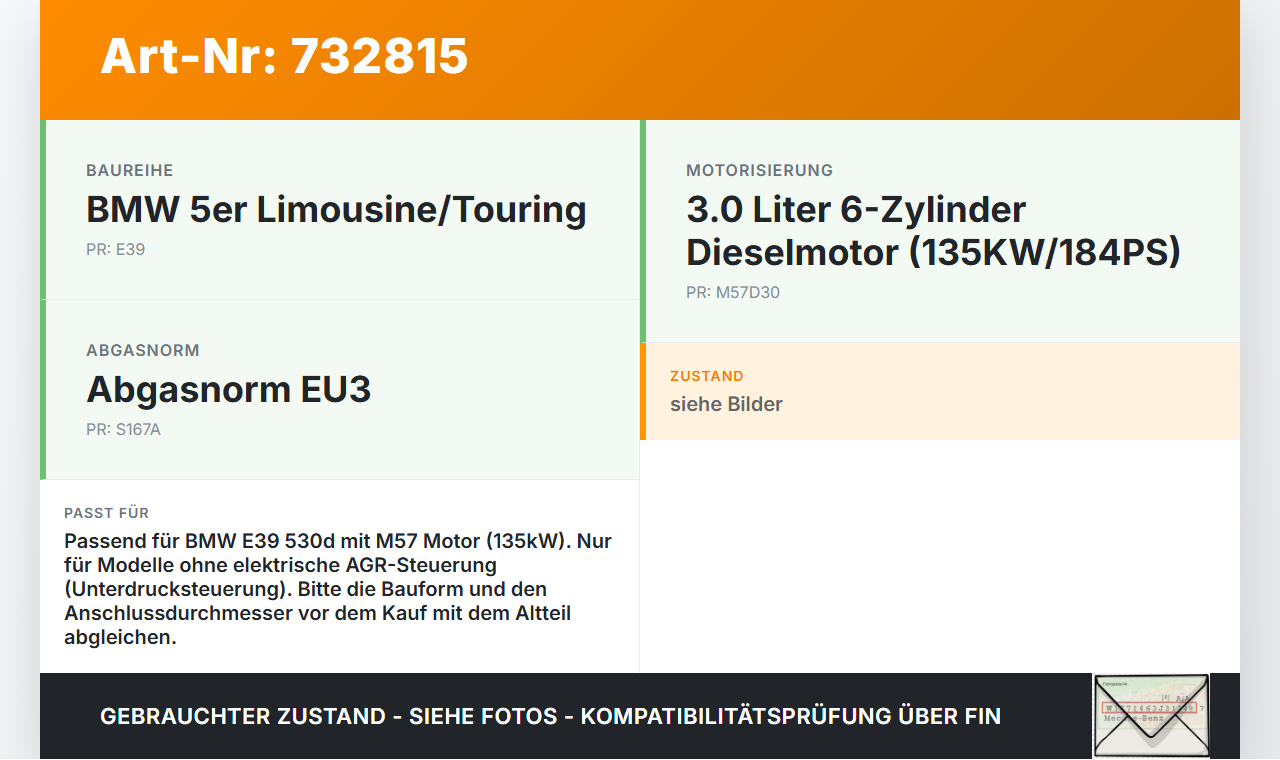 BMW E39 5er 530d 97-00 3,0d 135KW M57 306D1 Abgasrückführventil EGR AGR Ventil BMW E39 5er 530d 97-00 26.02.1999... Vorschau 3