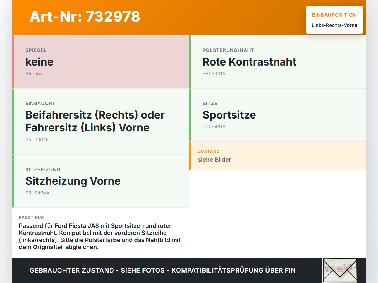 Ford Fiesta JA8 ST VII 12-18 5T Kopfstütze für Beifahrer Sitz Rechts oder Links Vorne Rote Naht Ford Fiesta JA8 ST... Vorschau 3