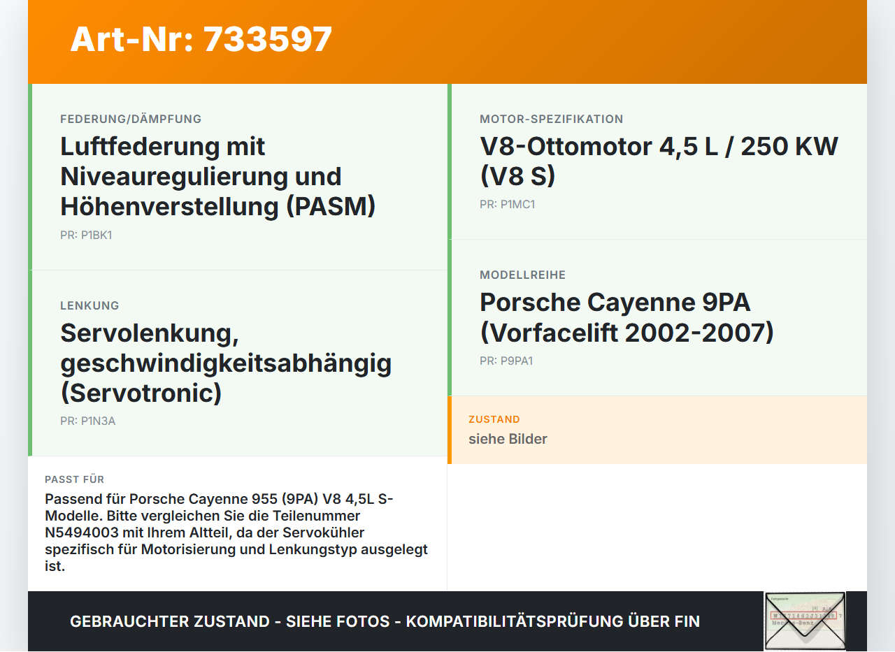 Porsche Cayenne 9PA 955 02-07 4,5 250KW Servo Kühler Servokühler Porsche Cayenne 9PA 955 02-07 21.10.2005... Vorschau 3